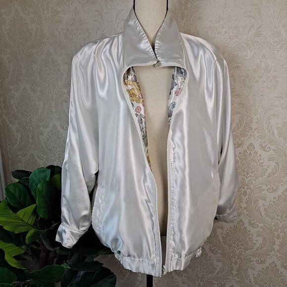 Rafael Size Medium Reversible Jacket Floral/Ivory Pockets Elastic Hem - Picture 9 of 16